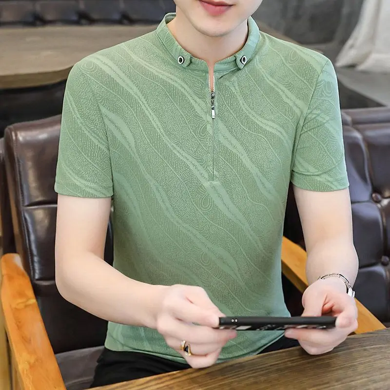 

Short Sleeves T-shirt Men Ice Silk T-Shirt High-end Summer Bottom Shirt Loose Design Tees White Blue Gray Black Casual