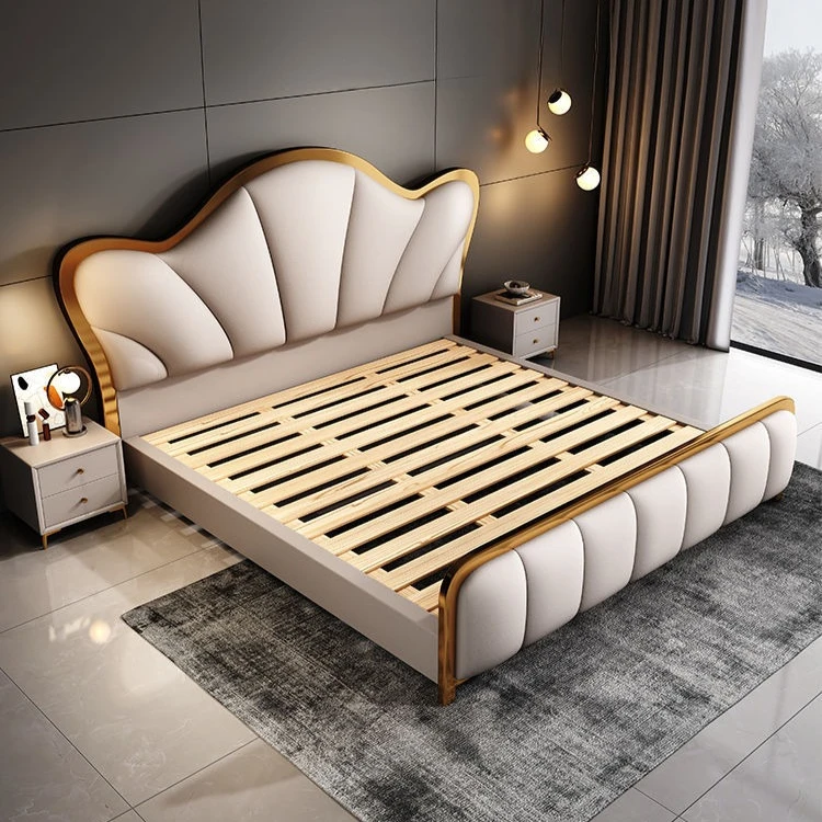 Nordic Luxury Double Bed Modern Wood High End Headboard Frame Double Bed Wedding Confortable Leather Cama De Casal Furnitures