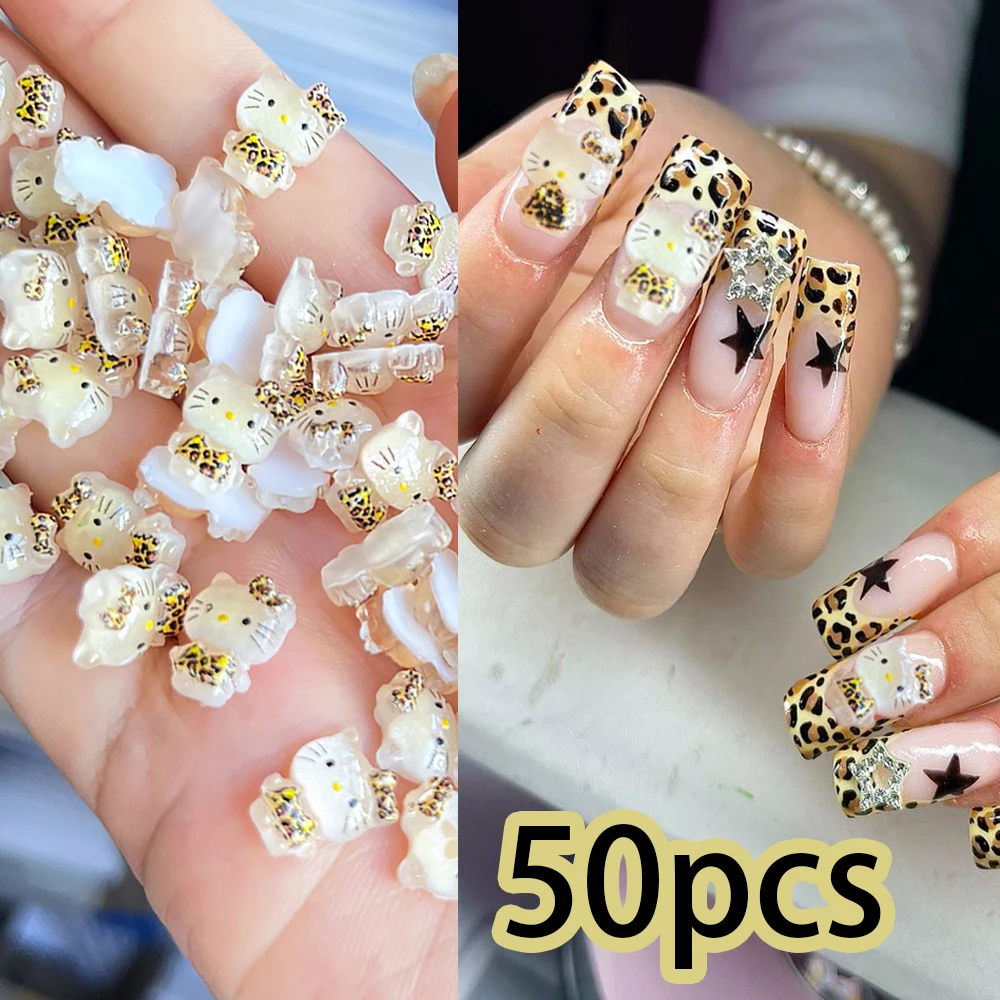 50 قطعة 5D الكرتون ليوبارد طباعة مرحبا كيتي مسمار السحر Kawaii الراتنج بريق ليوبارد كيتي Kuromi مستلزمات الأظافر DIY بها بنفسك الخريف Manicu
