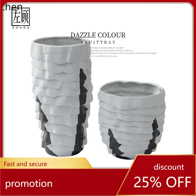 YFY Black and White Threaded Texture Vase Nordic   Living Room Ornament Entrance Home Hotel Soft Decoration Flower Vase