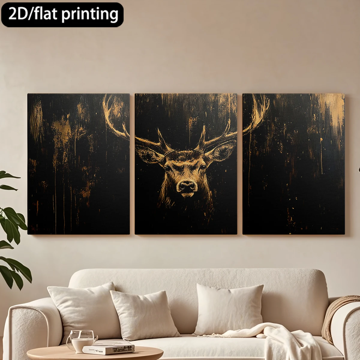 

2D плоская печать, 3-х частная картина на холсте в деревянной раме, декоративная живопись, портрет величественного оленя. Декор для коридора и спальни.