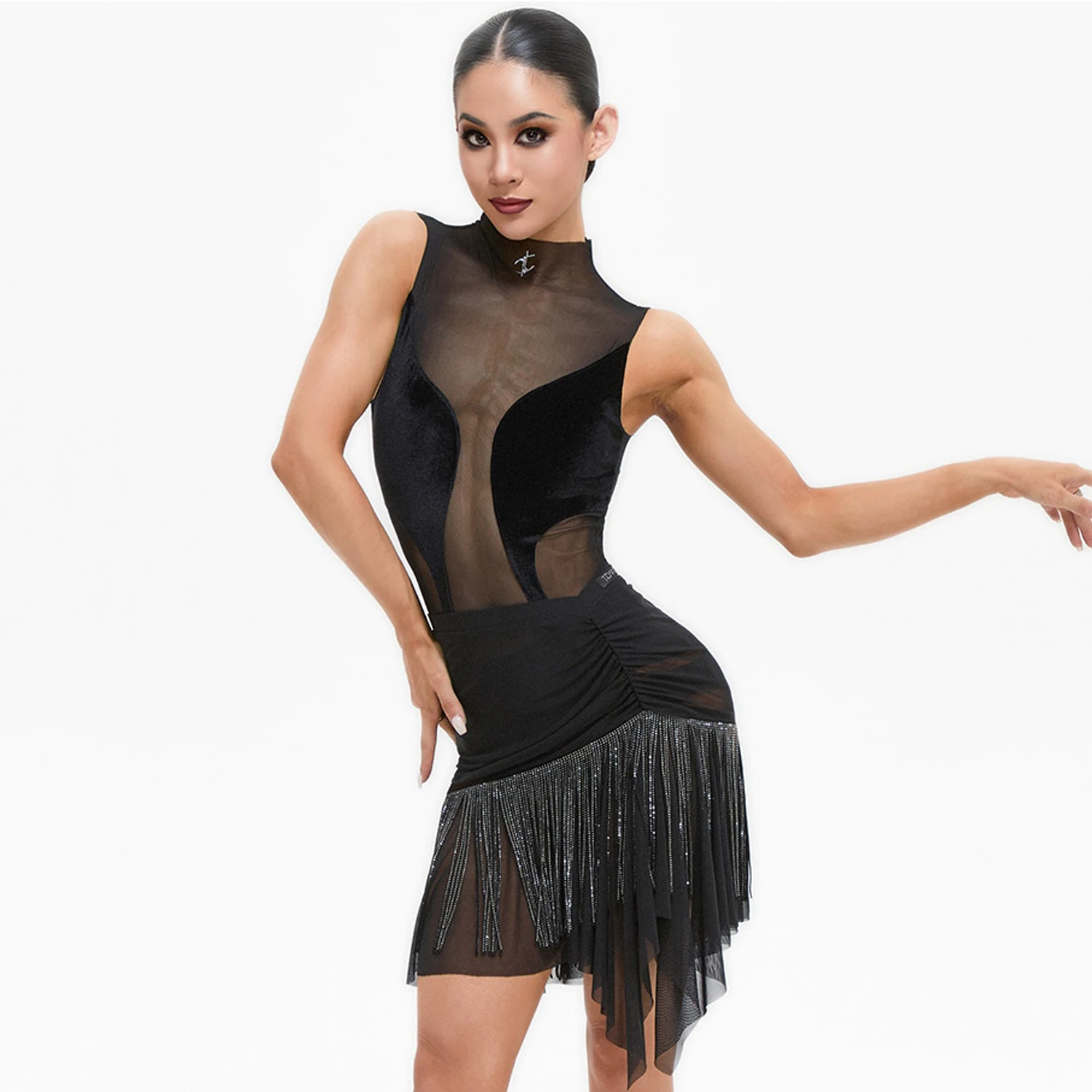 セクシーなラテンダンスの服女性メッシュトップスラインストーンフリンジスカートチャチャルンバダンスパフォーマンス衣装レースドレス DNV24741
