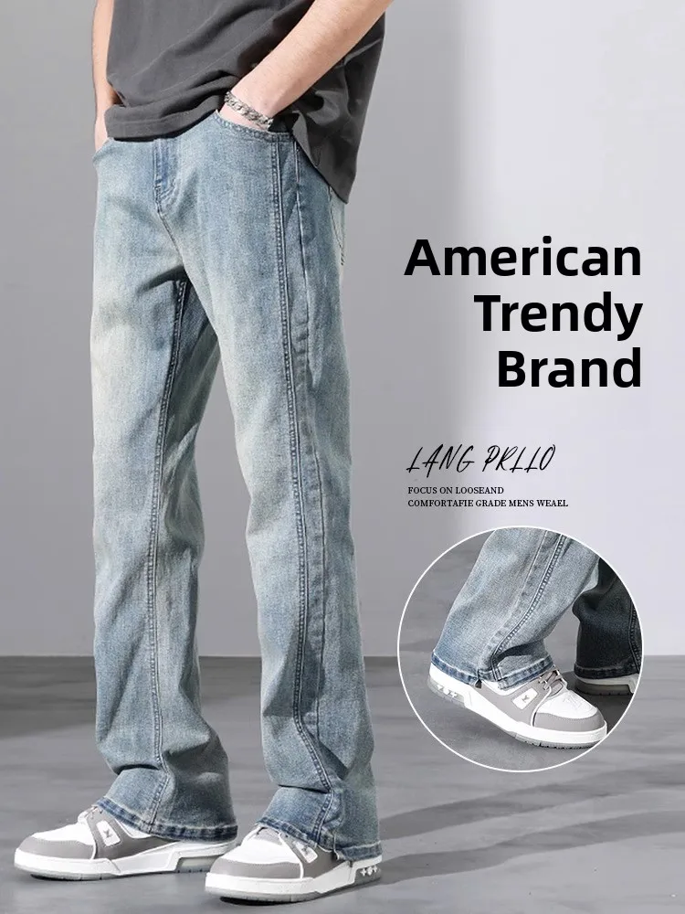 

Повседневные свободные мужские джинсы прямого кроя в винтажном американском стиле, расклешенные брюки с эффектом похудения, модные городские джинсы для подростков