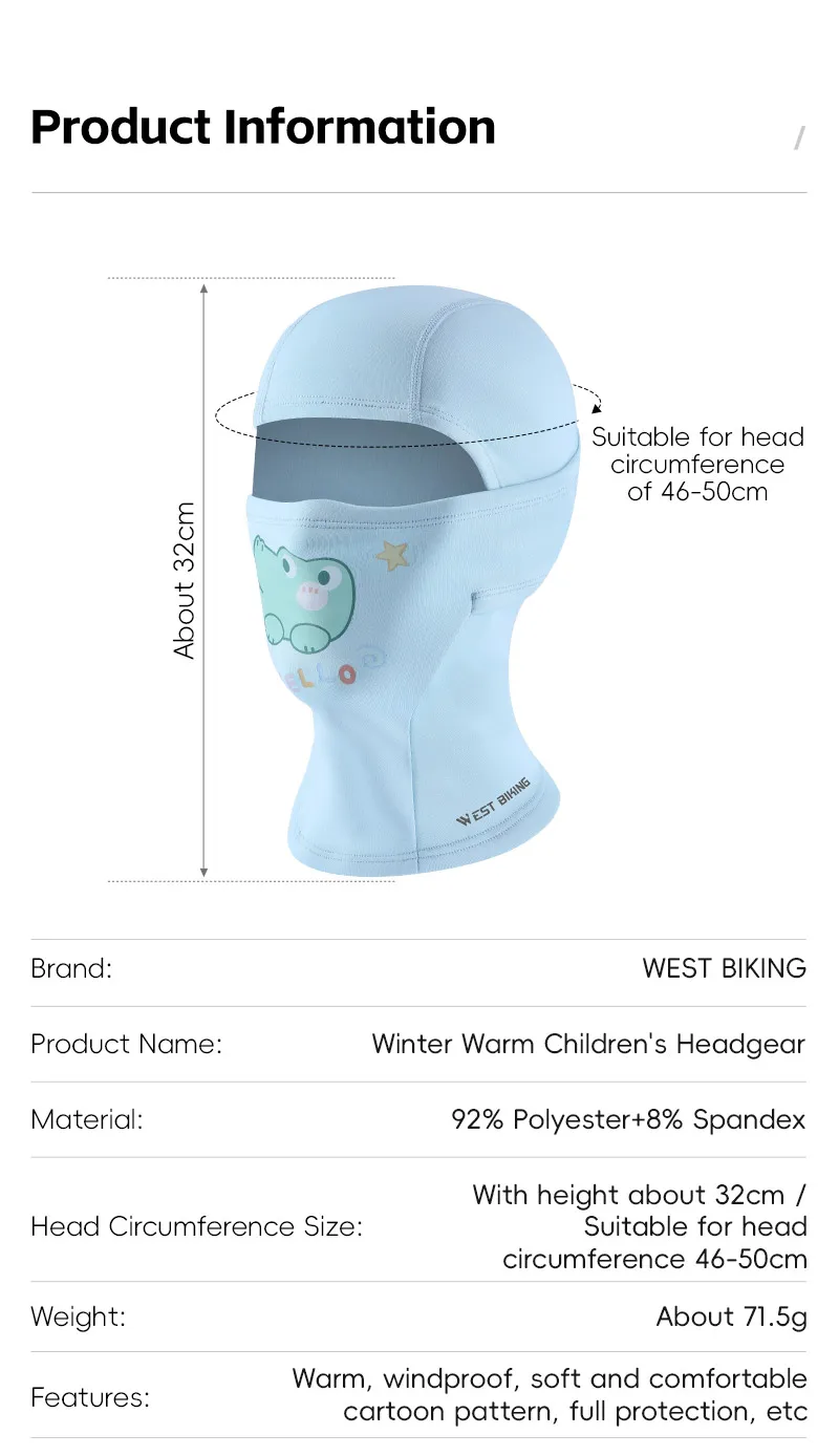 WEST BIKING Winter-Sturmhaube für Jungen und Mädchen, winddichte Thermo-Gesichtsmaske zum Radfahren und Skifahren, weiche Fleece-Cartoon-Helmunterlage. – Detail 3
