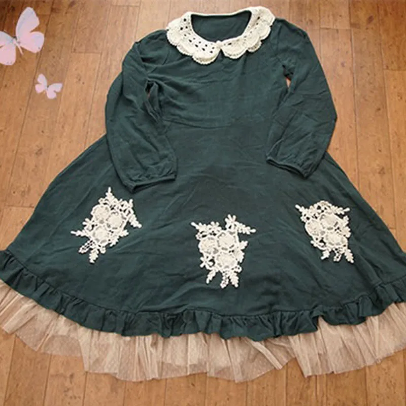 Harajuku Japanese Vintage Mori Girl Lolita Dress Women Clothing Appliques High Waist Peter Pan Collar Female Kawaii Dress A172