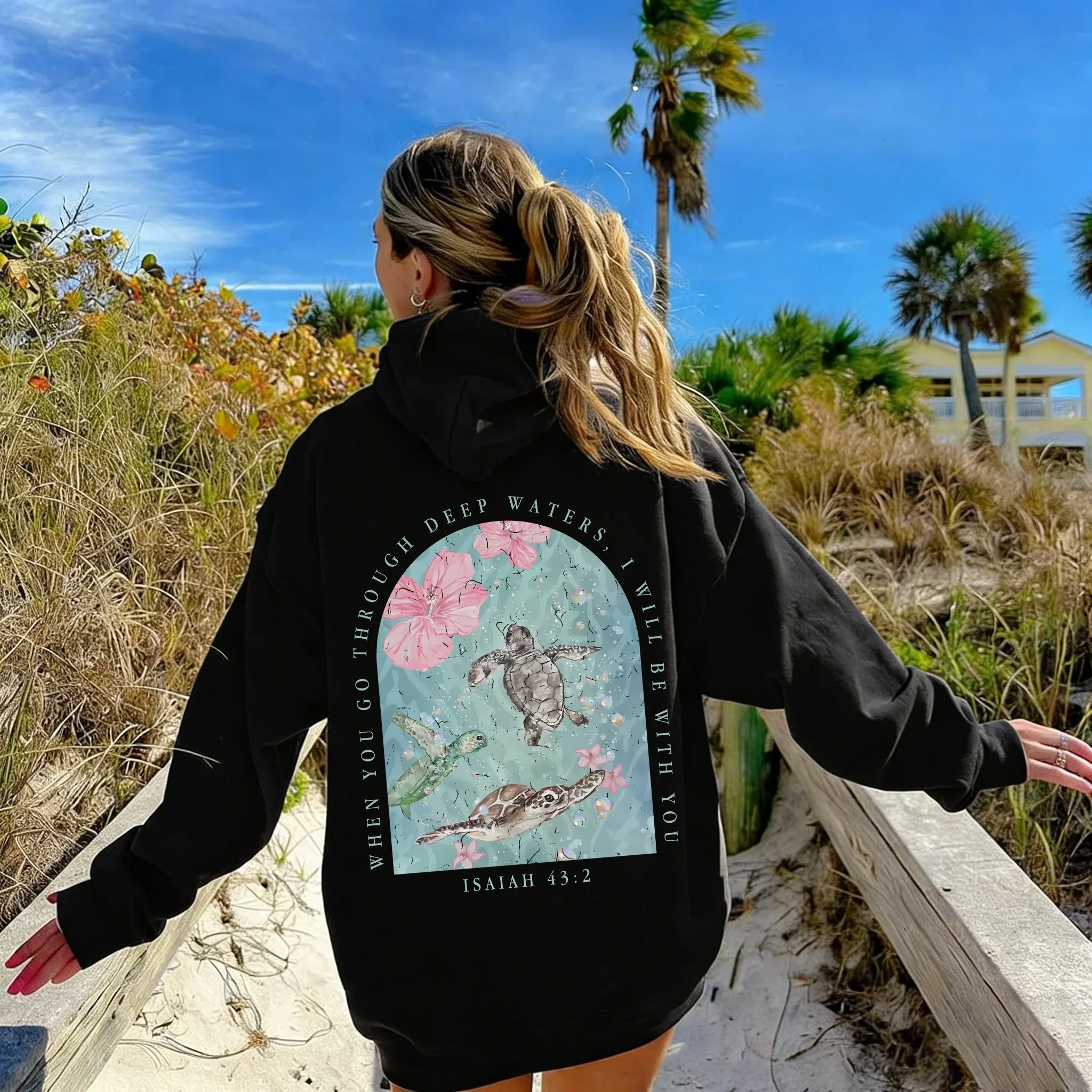 Sea Turtle Retro Hoodies Christianity ISAIAH Printed Streetwear Fall Fleece Casual Oversized Hooded Pullover Men Women Clothing