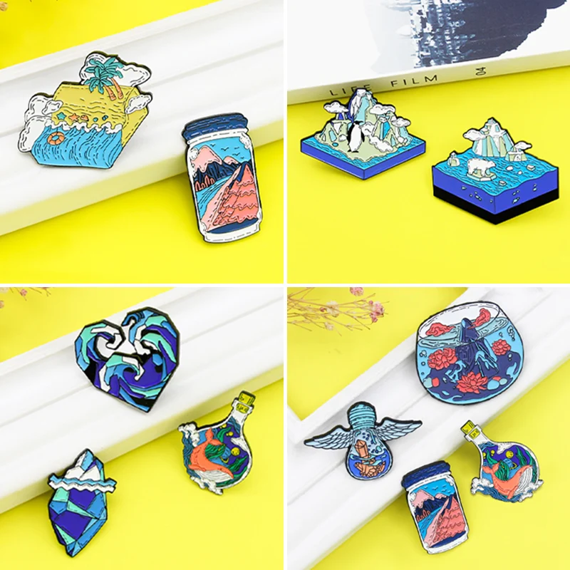 Sea Wave Penguin Polar bear Whale Enamel Pin Animal Beach Waves Holiday Ocean Brooches Lapel Jewelry for Kids Cute Wave Ocean