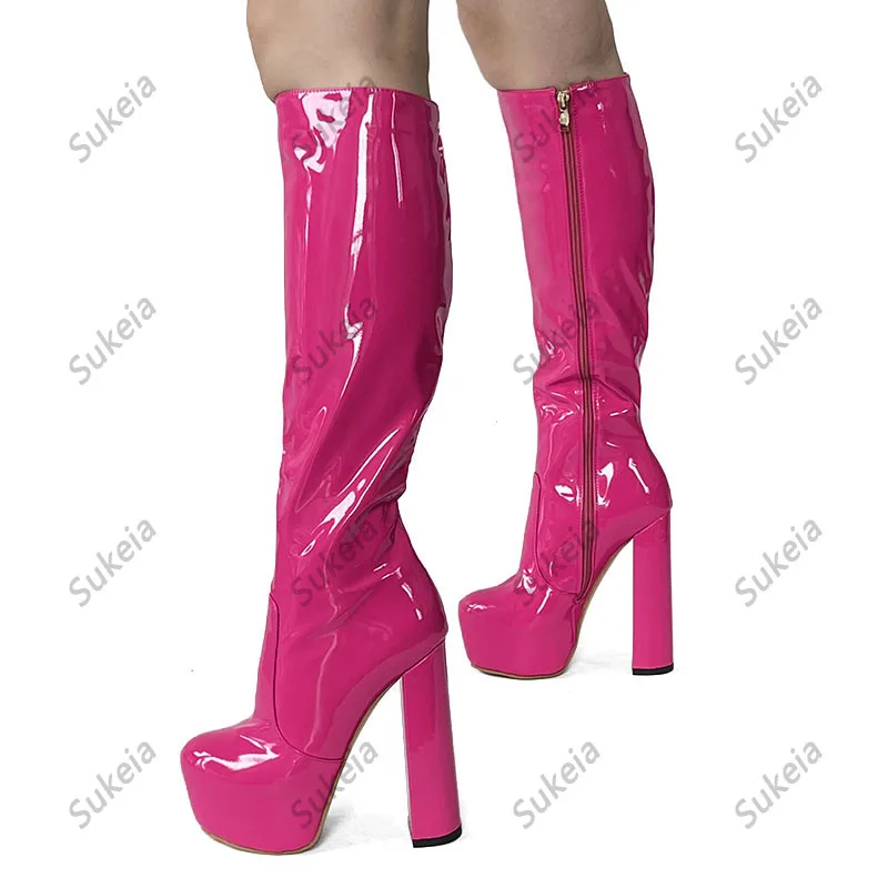 

Sukeia Handwork Women Winter Knee Boots Patent Chunky Heels Round Toe Gorgeous Fuchsia Party Shoes Ladies US Size 5-20