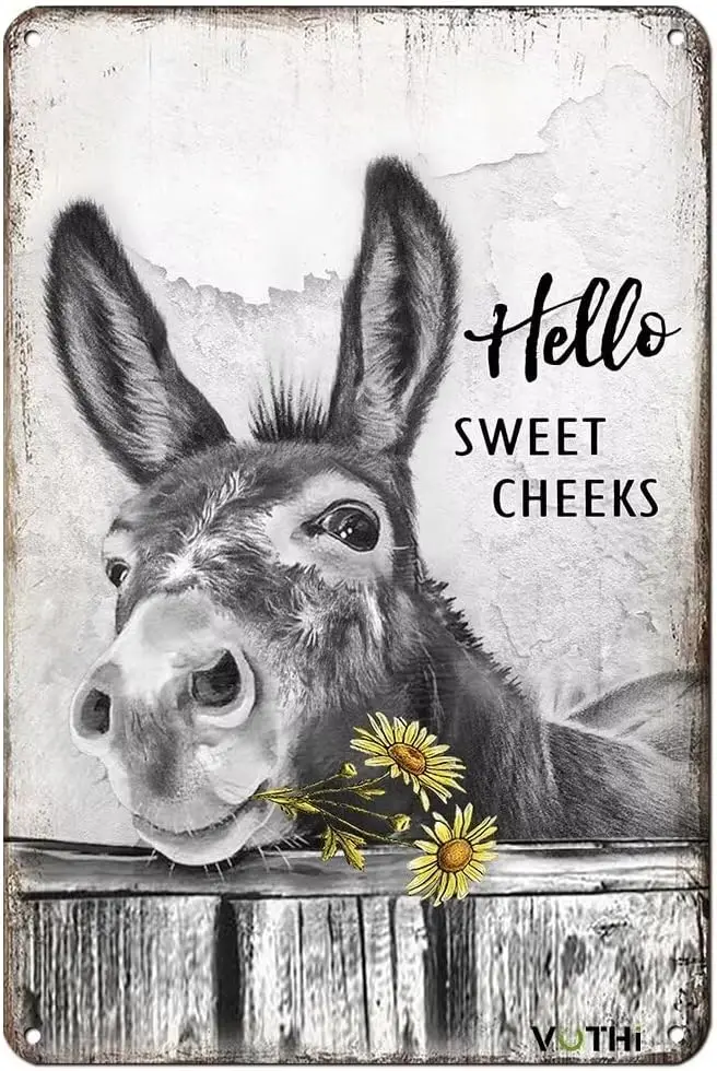 VOTHI Funny Donkey Sunflower Bathroom Metal Tin Sign,Hello Sweet Cheeks Restroom Decor for Lovers Farmhouse Sign