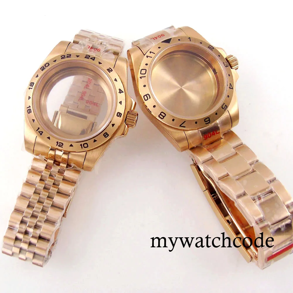 GMT Master-Rose Case relógio de ouro e pulseira, Movimento Caseback vidro, 24H moldura, 40mm, NH34, NH35, NH36, NH70, NH72