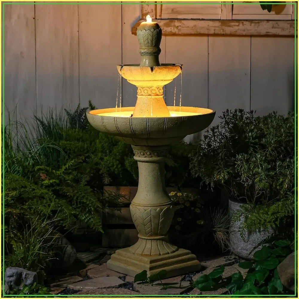 3-Tier Outdoor Water Fountain with LED Lights Large Italian Resin Garden Fountain for Patio Yard