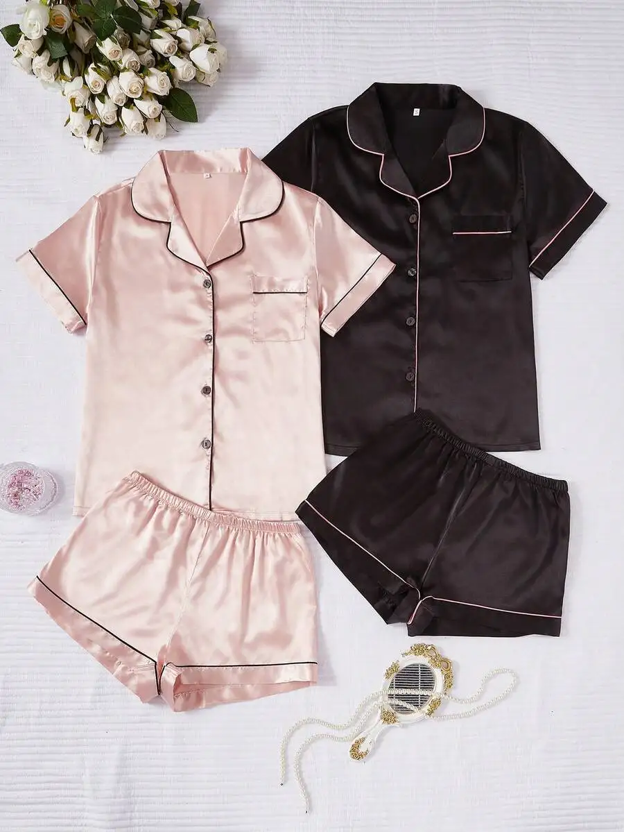 

4-Piece Faux Silk Pajama Set with Collar, Short Sleeve Top and Shorts