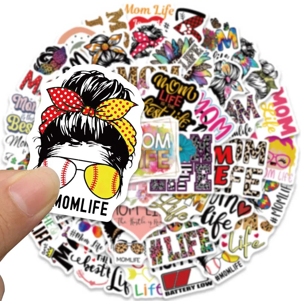 50PCS Mom Life Graffiti Cartoon Vinyl  Funny Stickers Decals for Water Bottle Laptop Skateboard Scrapbook Luggage Kids Toy