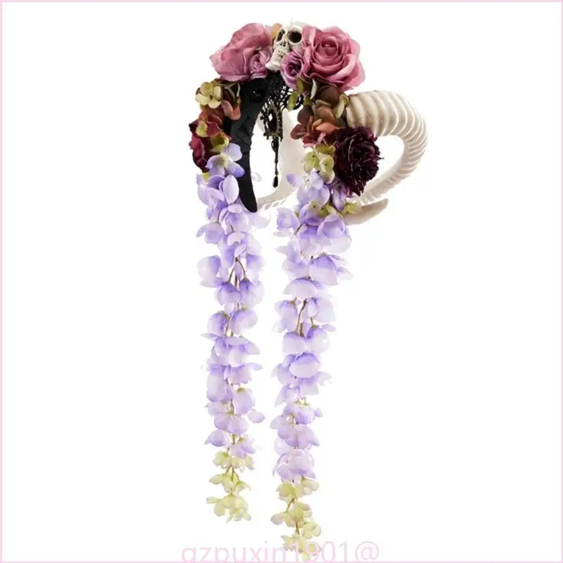 57qa Gothic Flower Horn Stirnband Schädel Cosplay Halloween Rollenspiele Kopfschmuck Proms Party Live Show Kopfbedeckung – Detail 5