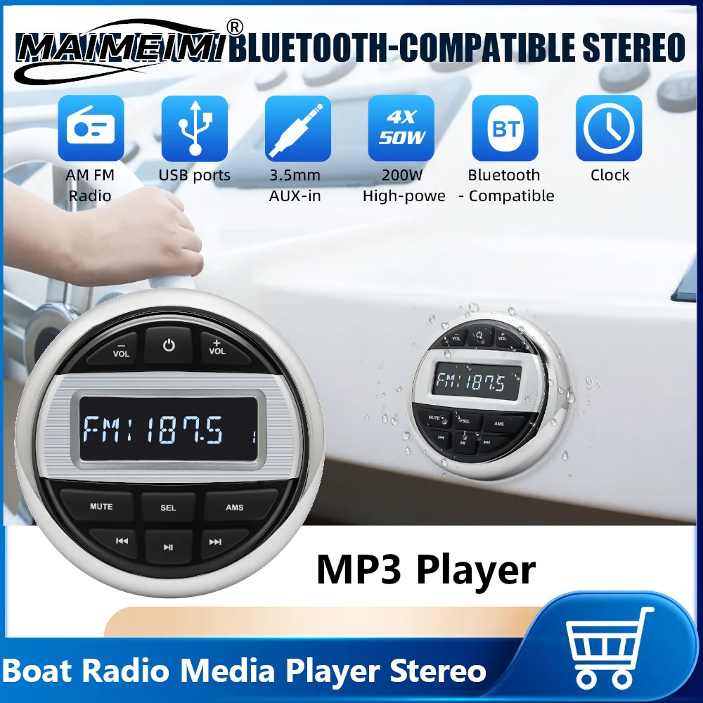 Boat Radio MP3 Media Player Stereo Marine Radio Bluetooth-compatible AUX Interface Waterproof for ATV UTV SPA RZR FM AM Radio