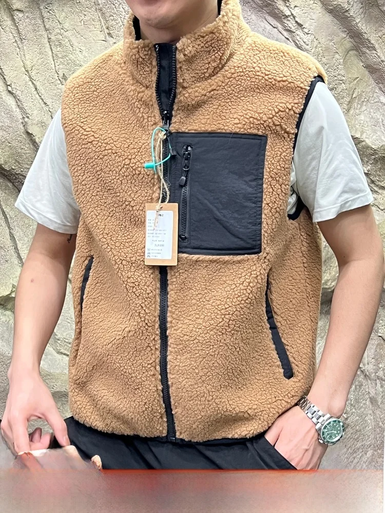 

Two-Way Wearable eepskin Vest ex Outdoor Simple Matching Warmth without Sves Stand Collar Zipper Closure Stand Fit