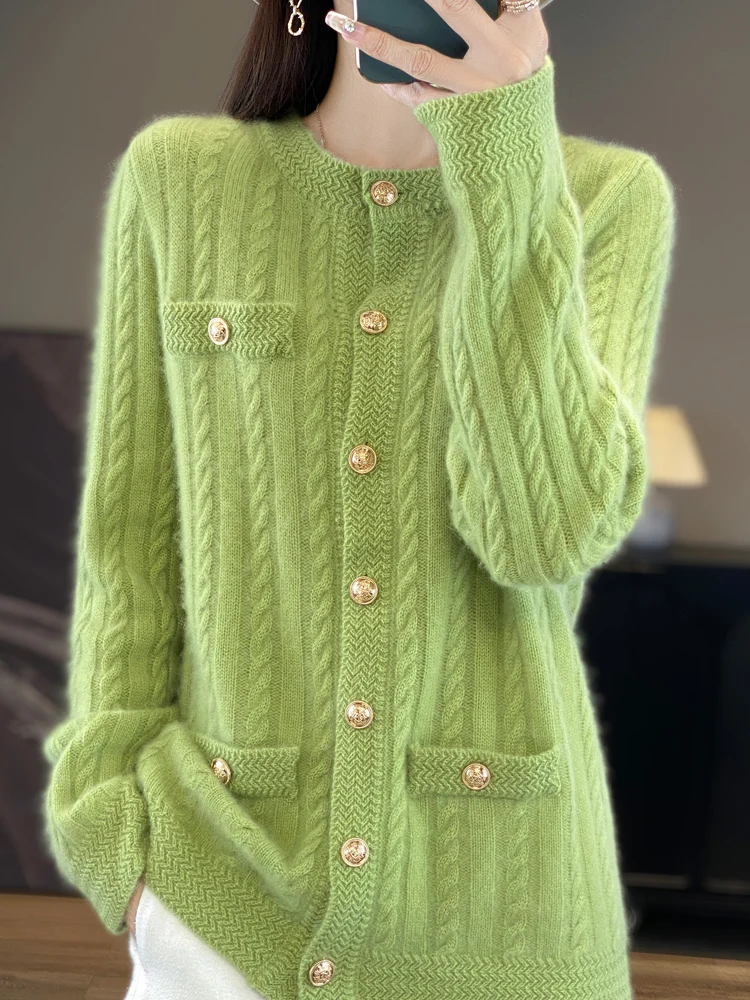 المرأة الدافئة الخريف الشتاء سميكة 100% ميرينو الصوف محبوك سترة أزرار سترة عادية فضفاض س الرقبة كابل Stitc الملابس القمم #6