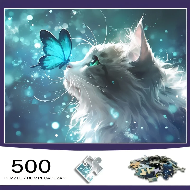 500 قطعة من صندوق ألغاز صغير للكبار بتصميم فراشة زرقاء وقطط - مقاوم للخدش، مستوى صعوبة عالي للكبار، فامي #1