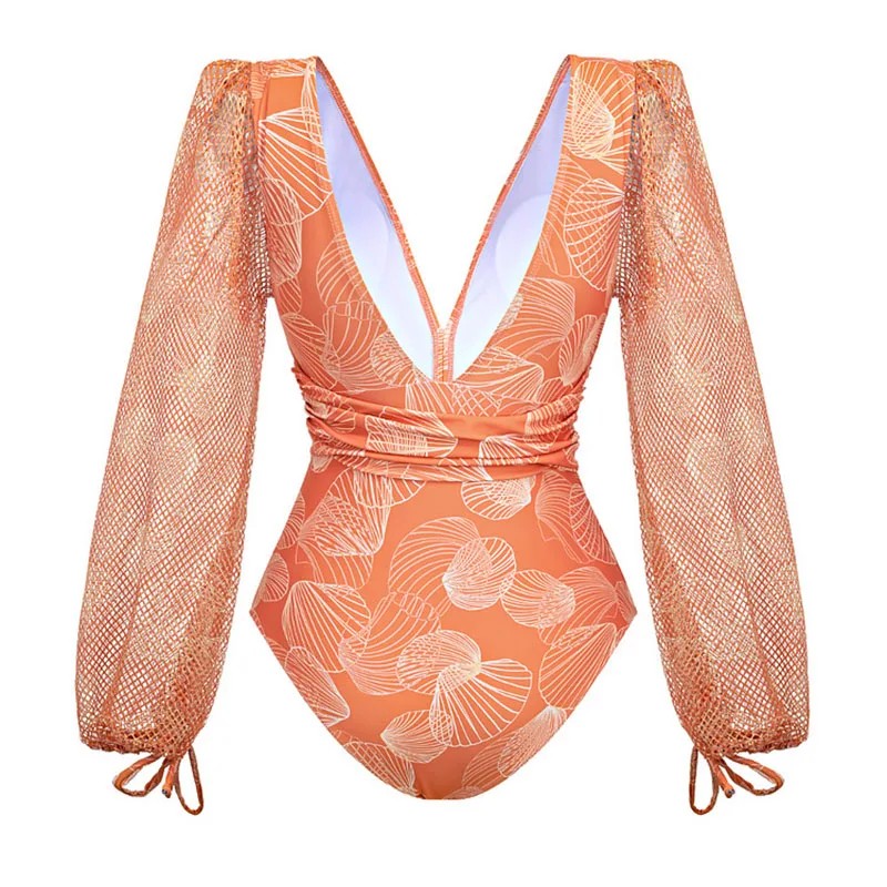 One-piece Women Swimwear Swimsuit Fashionable sexy swimsuits Beach Dress Style V-neck mesh Long-sleeve Shiny Shell Print