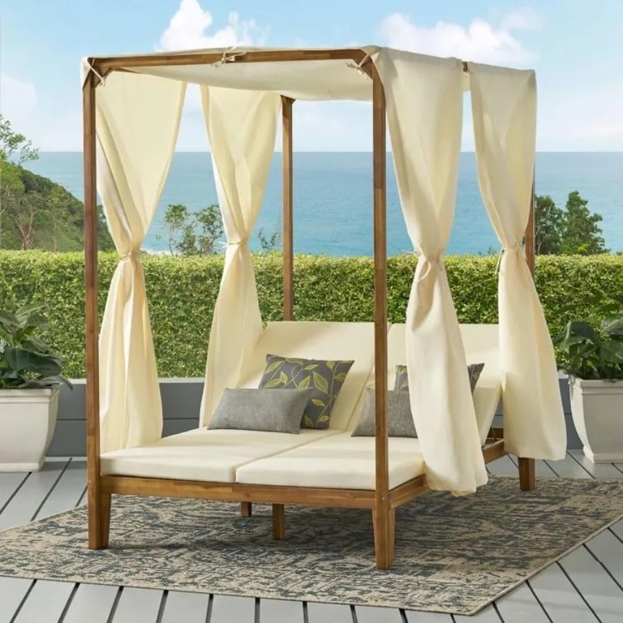 

Kenzie Acacia Wood Outdoor Daybed with Canopy, Double Chaise Lounge Chair Outdoor with Cushion, Adjustable Backrest Patio Sun L