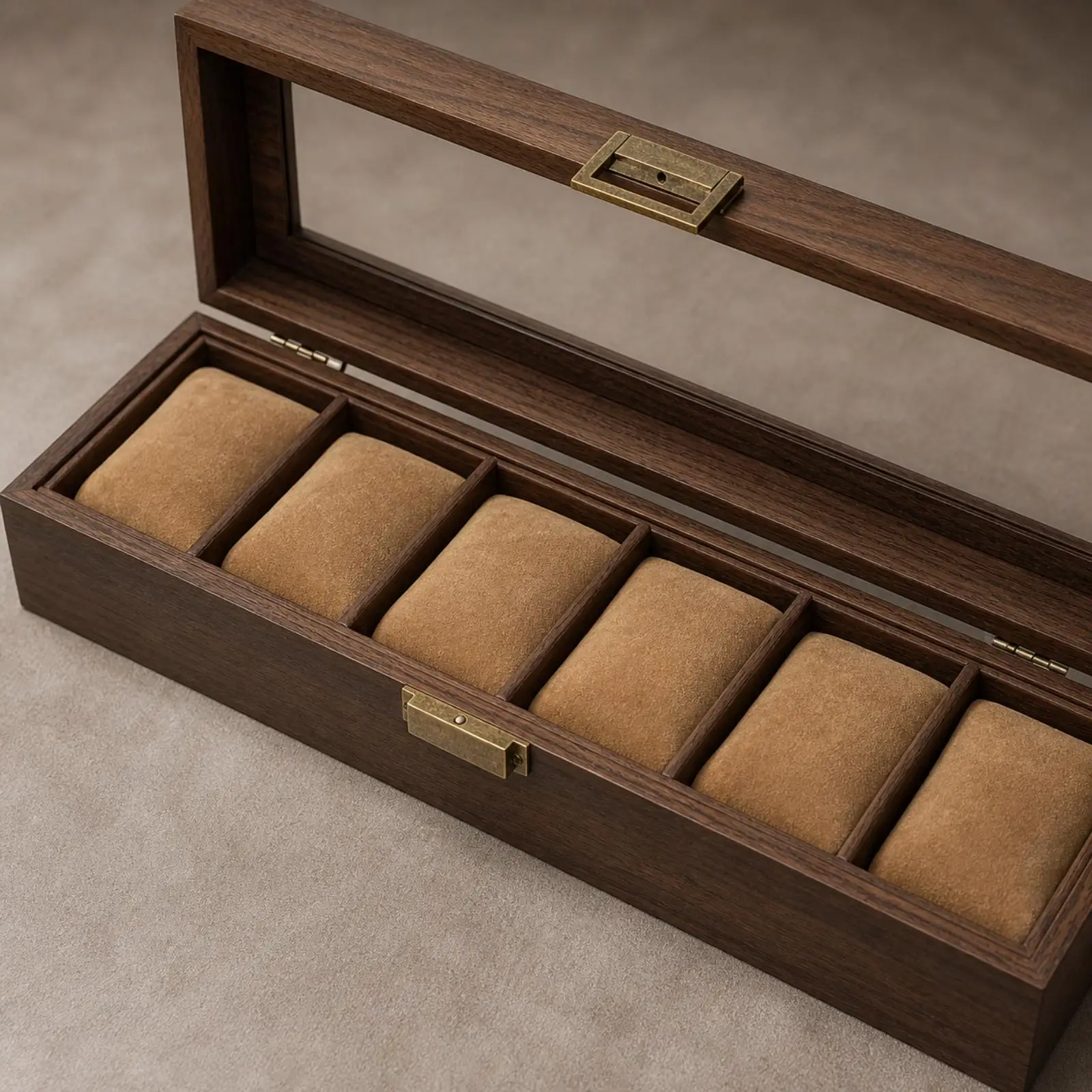 Six Compartment Watch Display Case with Glass Top for Home Shelf MDF Leather Watch Box Organizer Storage
