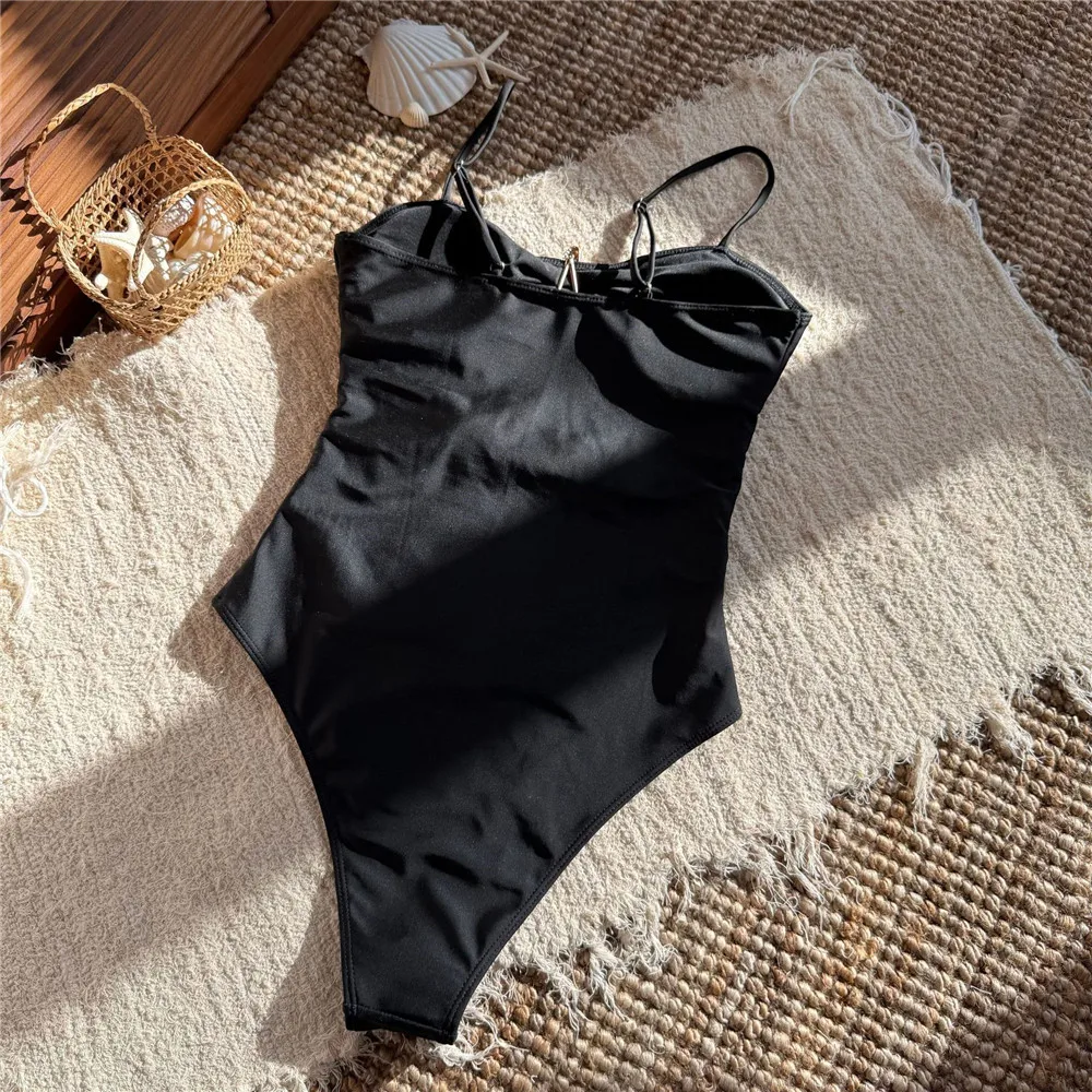 Metal Starfish Solid Black Swimwear Woman 2026 One Piece Sexy Swimsuits Bathing Suit Holllow Out Monokini Swimming Wear Suit