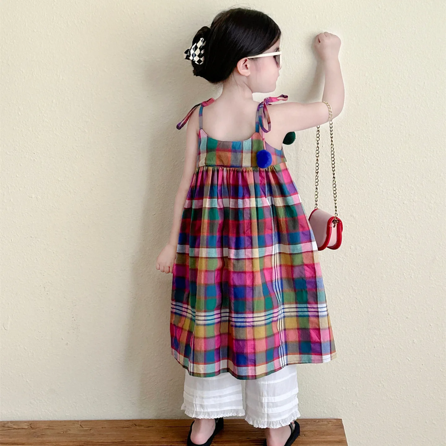 Girls Resort Style Colorful Plaid Suspender Skirt 2024 Summer New Fashion Sleeveless Dress Lace Pants Boutique Clothing