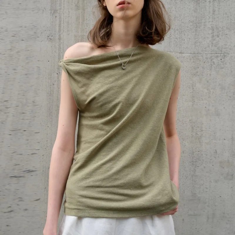الفرنسية الكتان القطن غير النظامية واحدة الكتف تي شيرت للنساء الصيف بلا أكمام موضة جديدة غير رسمية شارع العليا مكتب سيدة القمم