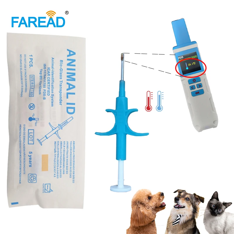 Injectable Animal Temperature chip with syringe ISO11784/85 FDX-B 134.2KHz 2.12*12mm Bio-glass for pets dogs, cats, cattle, goat