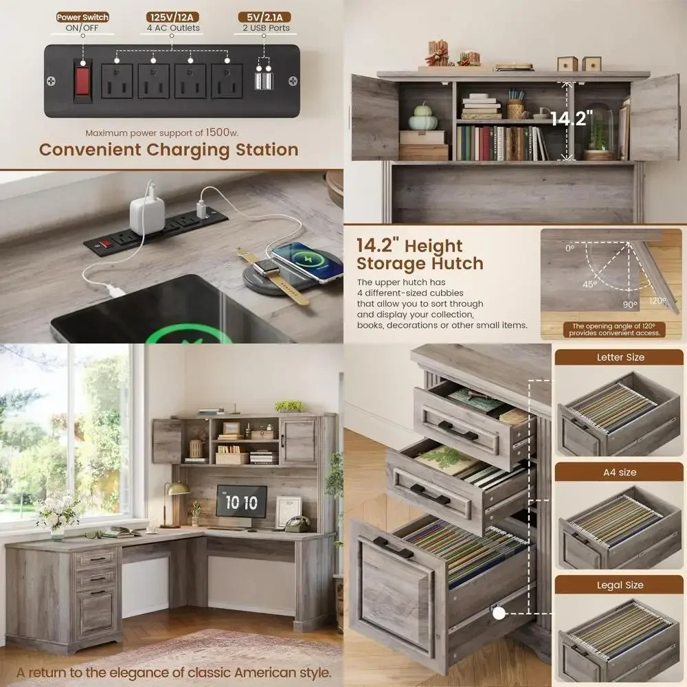 

68.9 L-Shaped Executive Desk with Hutch, Storage Cabinet, and Power Outlet, Grey