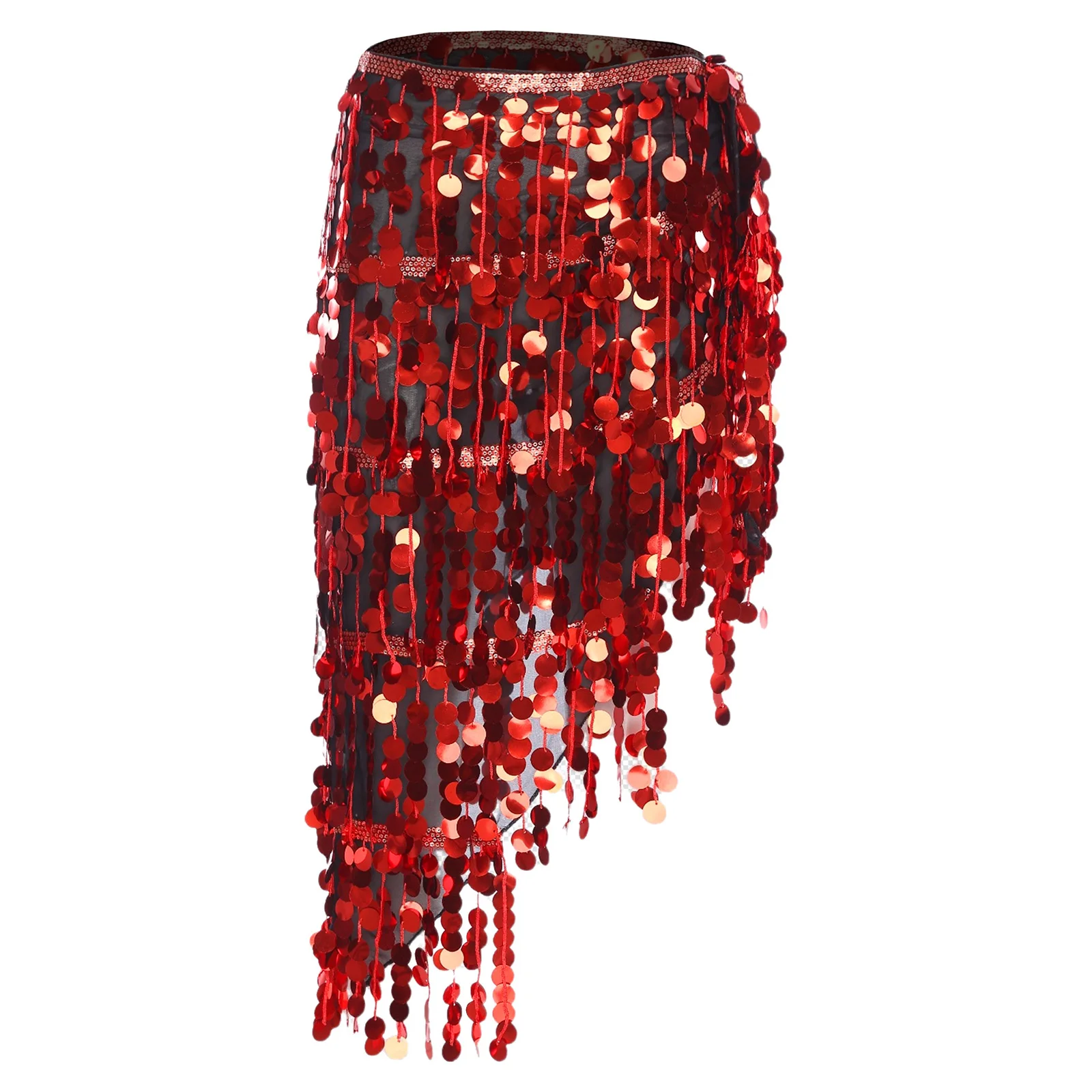 Gonna da danza del ventre da donna Maglia trasparente con paillettes scintillanti Nappa Triangolo con lacci Sciarpa sui fianchi Catena in vita Prestazioni di lezioni di ballo latino