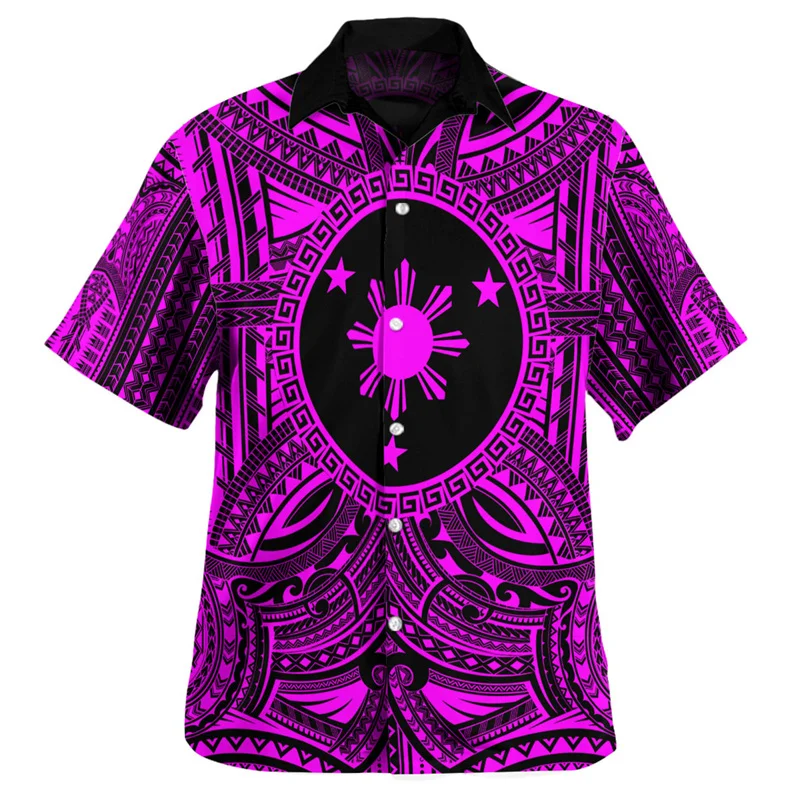 Multi Color Philippines Shirts For Men 3d Printed Polynesian Short Sleeves Tops Casual Street Blouse Loose Lapel Hawaiian Shirt