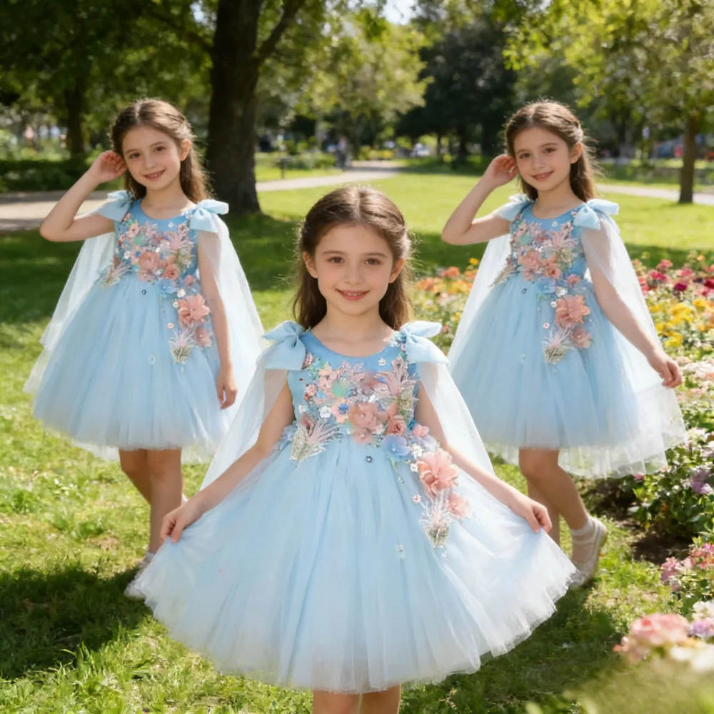 

2026 Blue Children Floral Dress Girls Gown Evening Celebration Eid Kids Clothing 3D Applique Princess Gown Host Formal Party