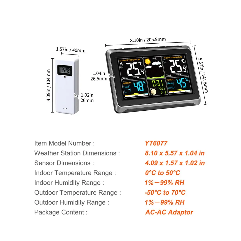 Electronic Thermohygrometer Weather Station Perpetual Calendar Atomic Clock WWVB Automatic Calibration 7.5-inch Color Display