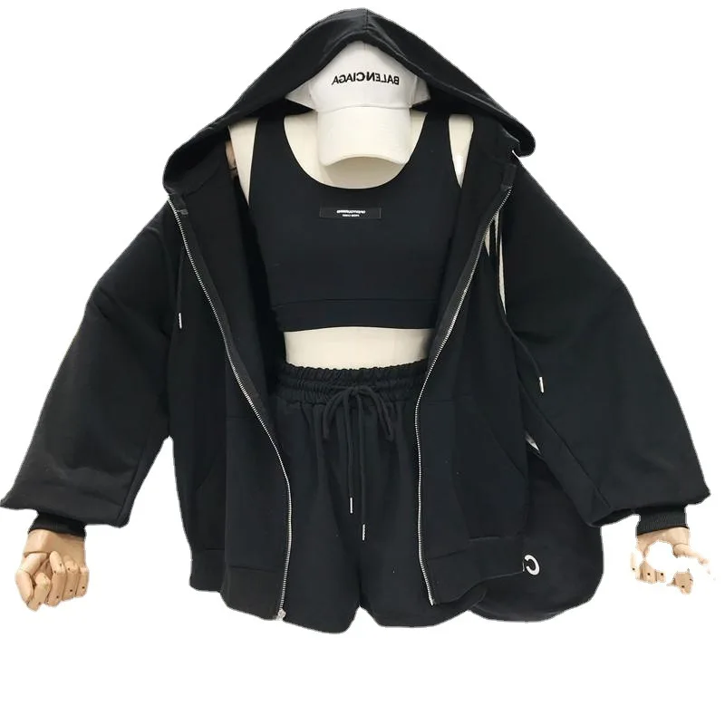Summer Autumn Drawstring Three Pieces Short Sets Women Hoodie Thin Coat Shorts with Thin Coat Vest Suits Sportswear Streetwear