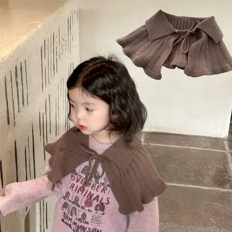 Solid Color Knitted Shawl for Baby Girls, Soft & Comfortable Warm Strap Tied False Collar Children Removable Collar