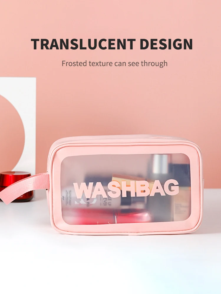 1pc Pu Transparent Three Piece Makeup And Toiletries Bag, Large Capacity Pvc Semi Transparent Frosted Portable Storage Bag