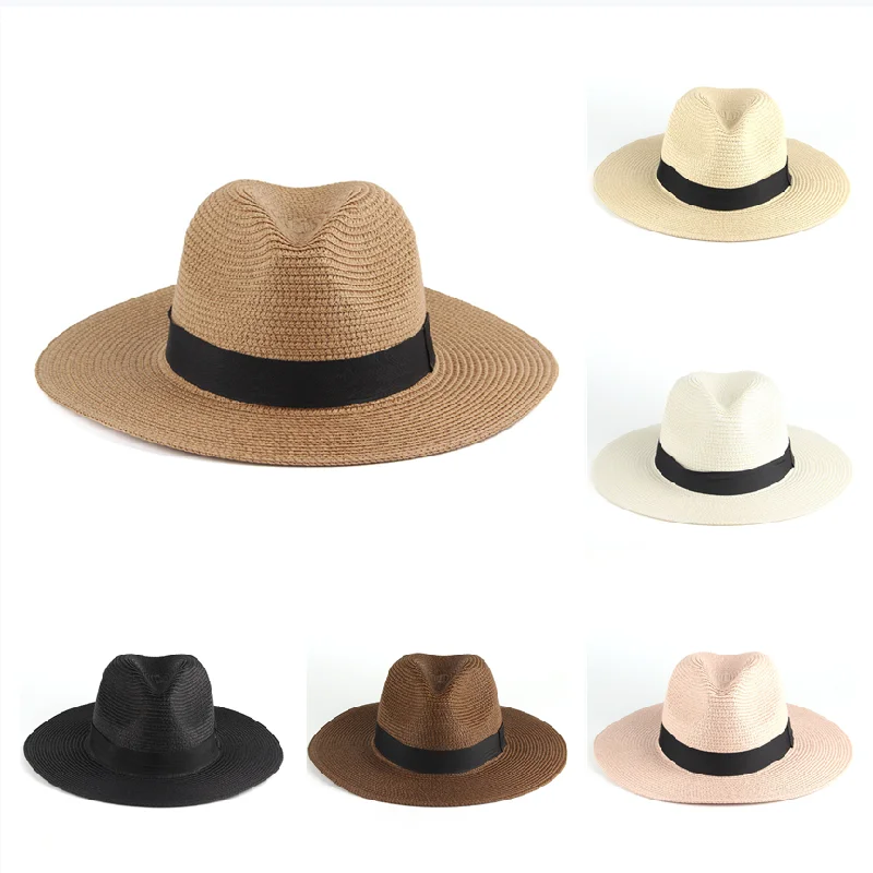 

Summer New Wide Brim Sun Hat Jazz Caps Ribbon Band Classic Black White Outdoor Beach Sun Protective Casual Women Men Straw Hat