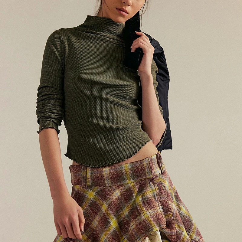 

Combhasaki женская водолазка в рубчик с длинными рукавами, облегающие пуловеры Y2k, милая уличная футболка для выхода в свет, футболка с отделкой салата