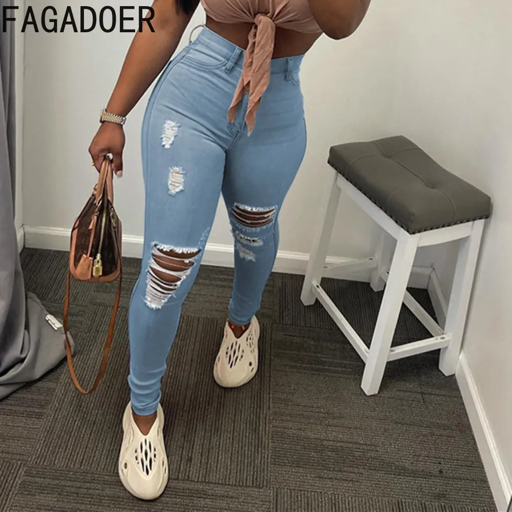 

FAGADOER 2023 New Women Jeans Spring Hole Elastic Pencil Trousers Casual High Waisted Button Skinny Pants Female Denim Bottoms