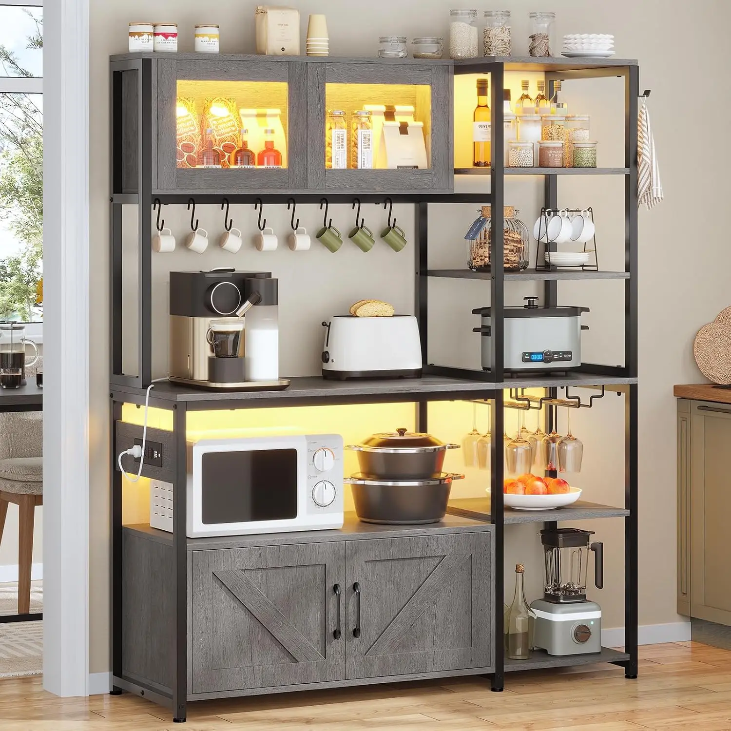 Bakers Rack with Outlet & LED, 45.3 Inch Coffee Bar Cabinet, Microwave Stand with Storage, Glass Cabinet & 8 Hooks, Customized