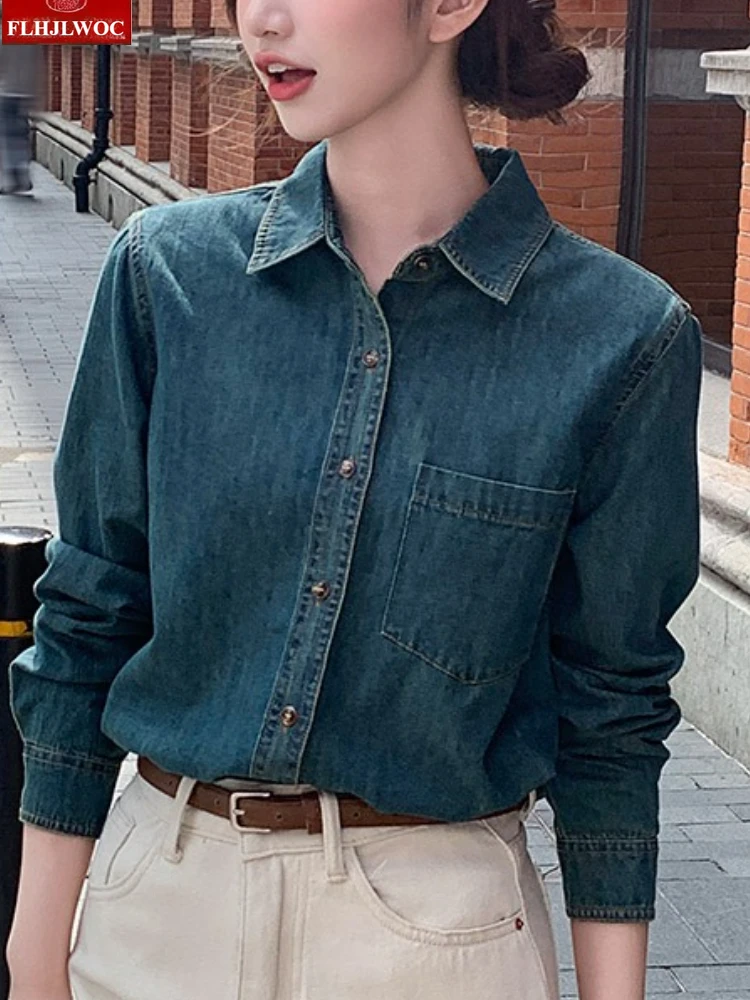 الأوروبي الرجعية الدنيم القمم ملابس خارجية فضفاضة السنة الجديدة الربيع المرأة طويلة الأكمام عادية خمر الوقوف طوق الأزرق الجينز قمصان دينيم #3