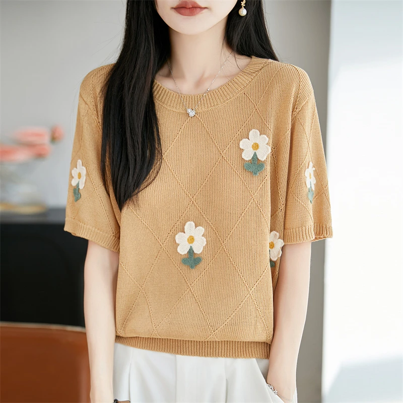 

Summer women's short sleeved round neck knitted linen T-shirt embroidered jacquard women's pullover fashionable hot selling