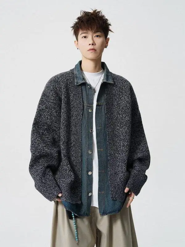 

Мужской вязаный кардиган TANGZ Studio American Sle с джинсовым воротником, осенне-зимний модный брендовый свитер-жакет свободного кроя с длинными рукавами