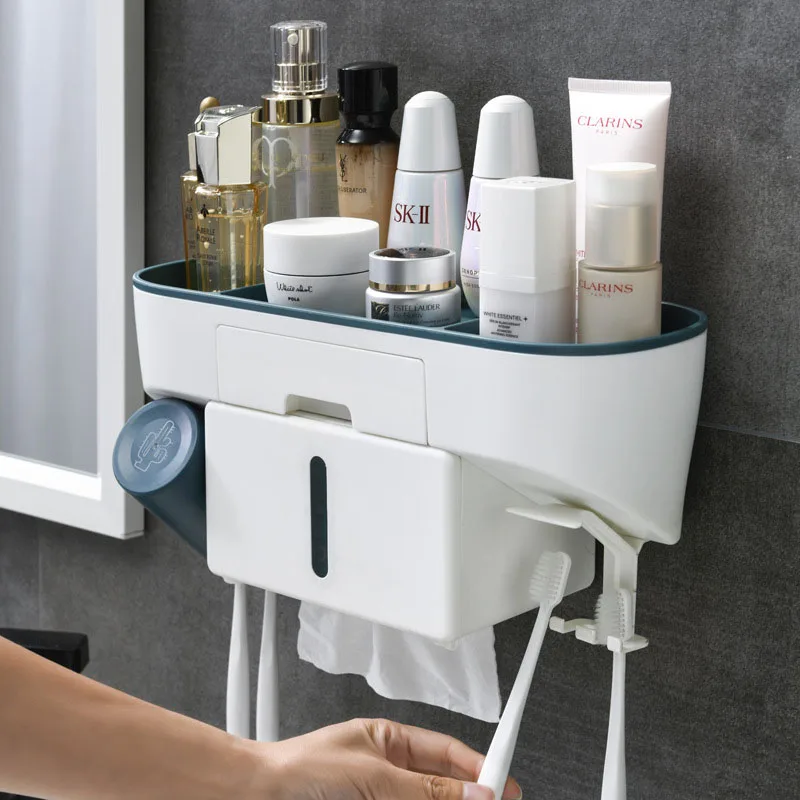 Punch-free Toothbrush Rack Porous Upside-down Draining Storage Box Toothpaste Squeezer Dispenser Bathroom Accessories