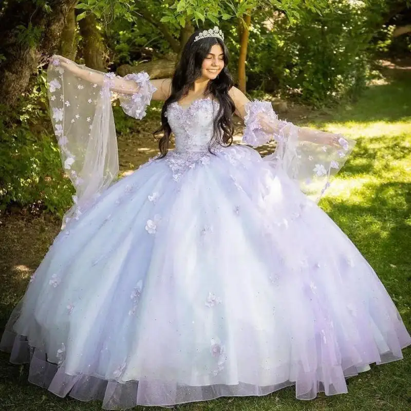 Elegant Sweetheart Ball Gown Quinceanera Dresses with Detachable Puffy Sleeves 3D Floral Appliques Flower Sweet 16 Dress 15 Anos