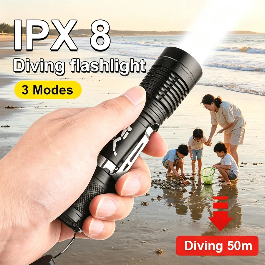 IPX8 Waterproof Diving Flashlight 50M Underwater Dive Torch Portable Handheld Light Underwater Lighting Tide Pooling Snorkeling
