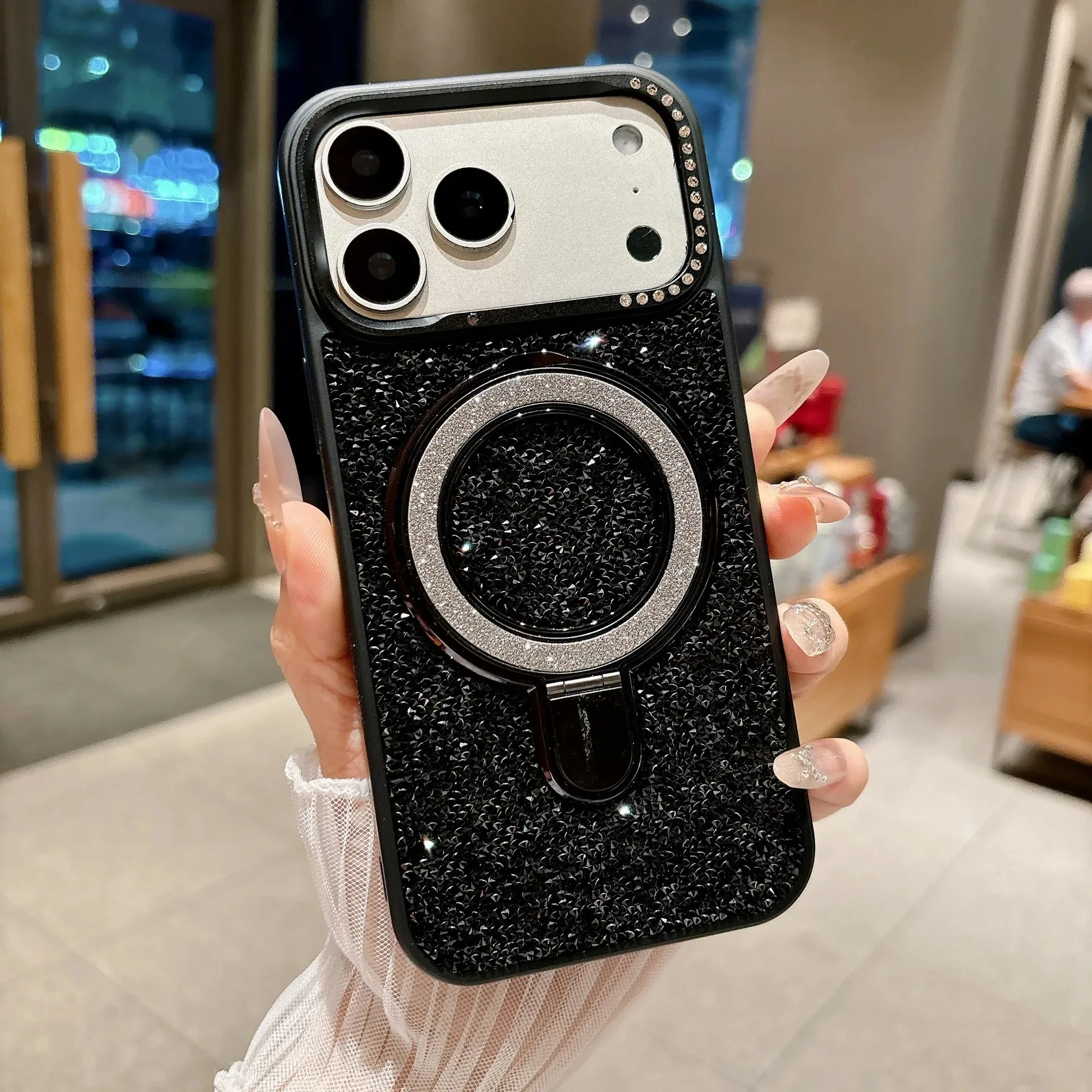 Luxury Glitter Rhinestone Magnetic Bracket Phone Case, For iPhone 17 16 15 14 13 Pro Max iPhone Air Anti Drop Protective Case