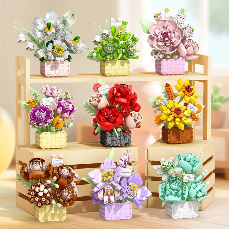 

Mini Flower Basket Bouquet Bonsai Potted Plant Rose Sunflower Jasmine Micro Building Blocks Home Decoration Toy Gift For Kids