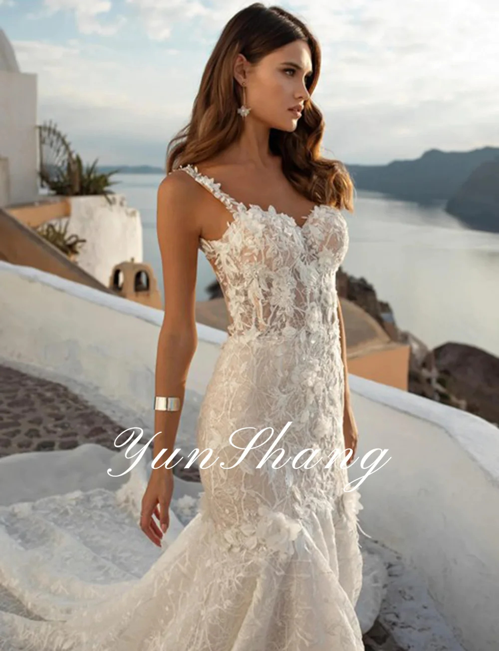 YunShang Beach abito da sposa con scollo a v senza maniche in Tulle Appliques in pizzo Sexy abito da sposa a sirena pieghe senza schienale treno robe de mariée